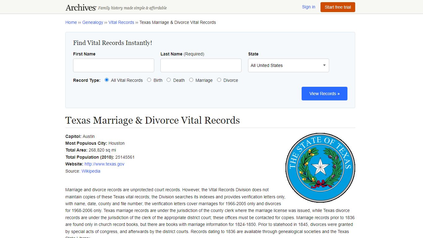 Texas Marriage & Divorce Records | Vital Records - Archives.com
